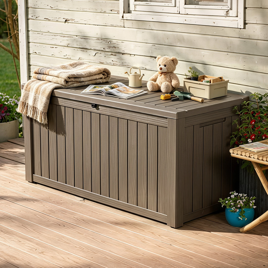 150 Gallon Waterproof Outdoor Storage Box, Gas Strut Lid, Lockable Design