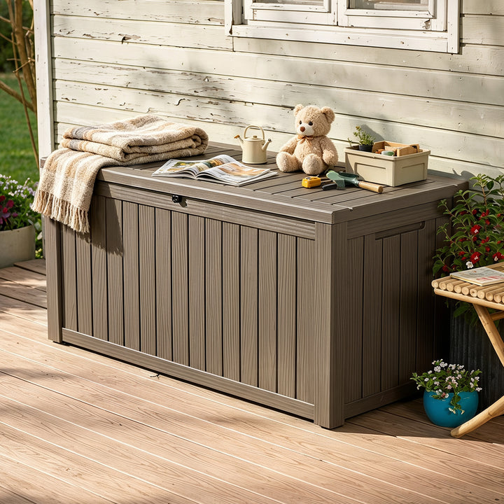 150 Gallon Waterproof Outdoor Storage Box, Gas Strut Lid, Lockable Design