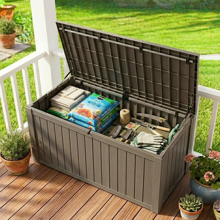 150 Gallon Waterproof Outdoor Storage Box, Gas Strut Lid, Lockable Design