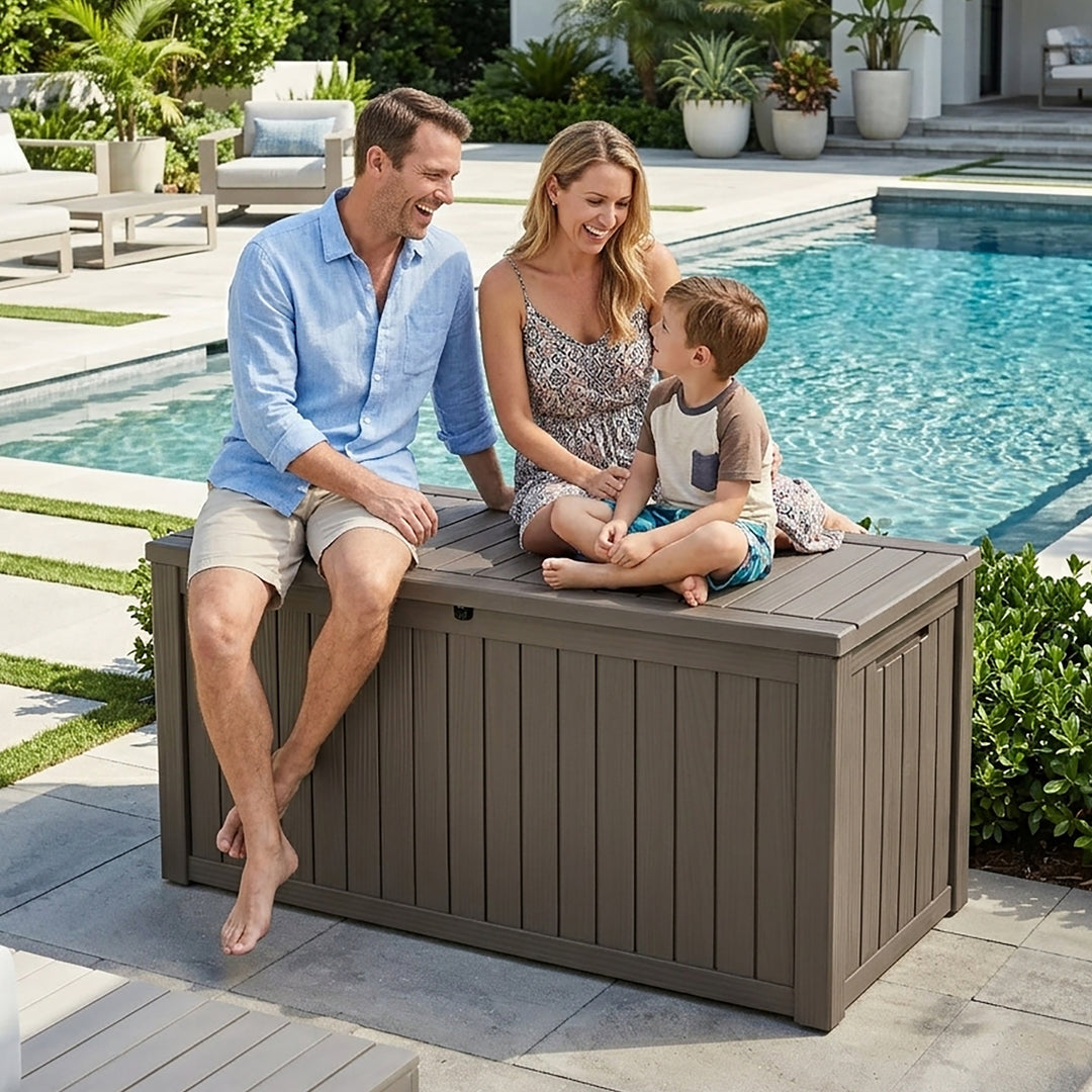 150 Gallon Waterproof Outdoor Storage Box, Gas Strut Lid, Lockable Design