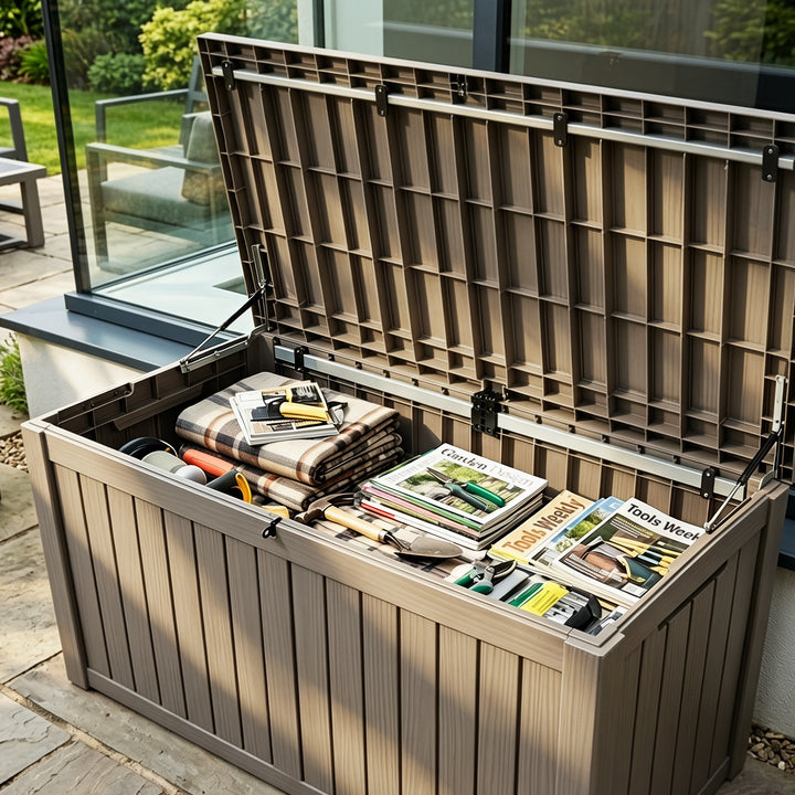 150 Gallon Waterproof Outdoor Storage Box, Gas Strut Lid, Lockable Design