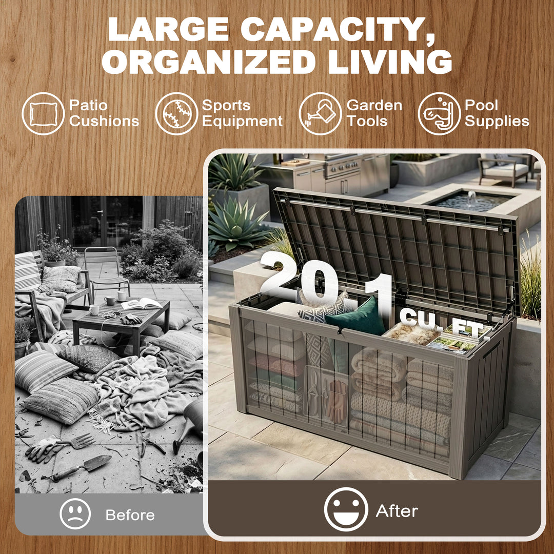 150 Gallon Waterproof Outdoor Storage Box, Gas Strut Lid, Lockable Design