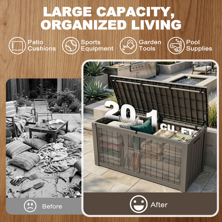 150 Gallon Waterproof Outdoor Storage Box, Gas Strut Lid, Lockable Design