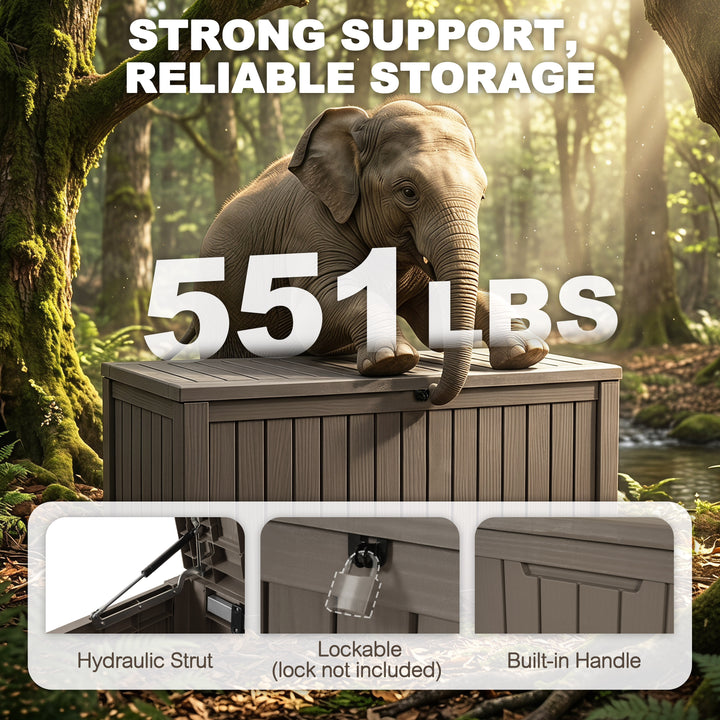150 Gallon Waterproof Outdoor Storage Box, Gas Strut Lid, Lockable Design