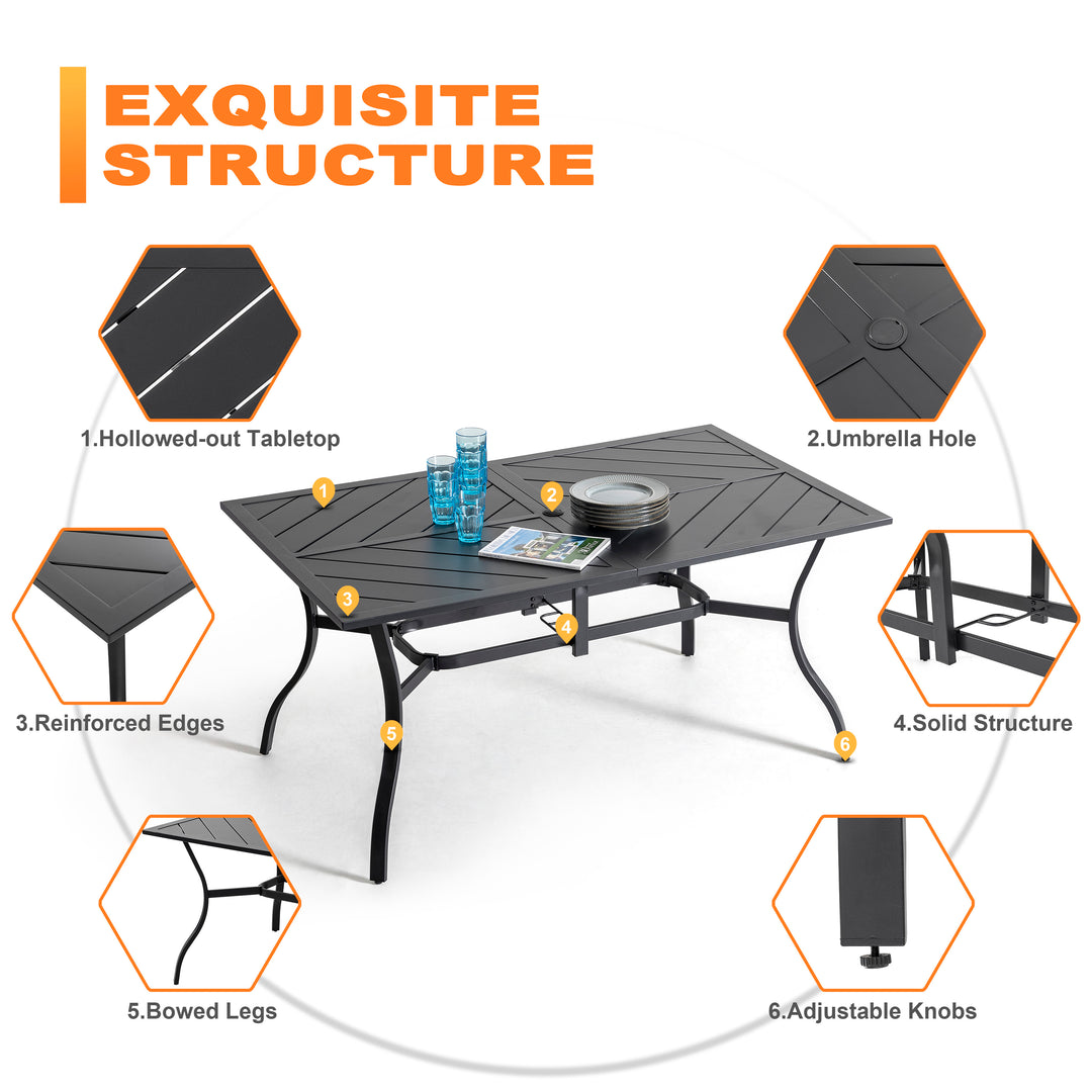 61'' x 37' Outdoor Rectangular Powder-coated Iron Frames Patio Dining Table with Umbrella Hole