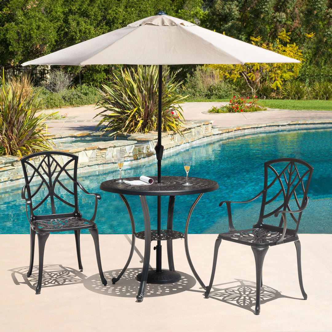 Outdoor 7.5' Round Beige Patio Vented Umbrella with Base, Crank, Push Button Tilt