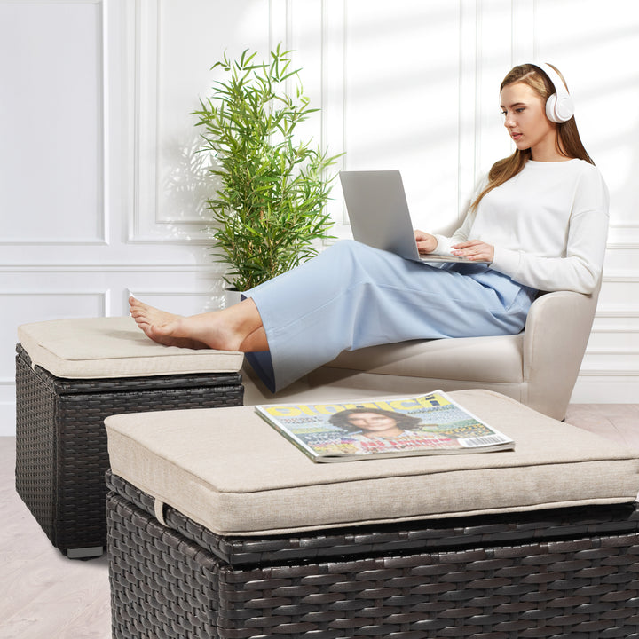 Patio 2-Piece Wicker Ottoman with Hidden Storage and Removable Cushion