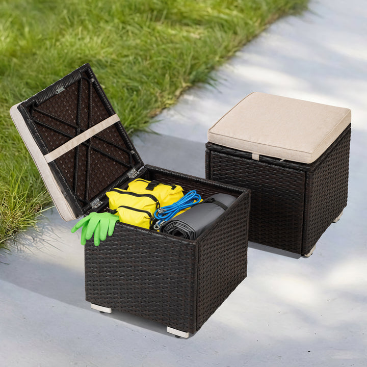 Patio 2-Piece Wicker Ottoman with Hidden Storage and Removable Cushion