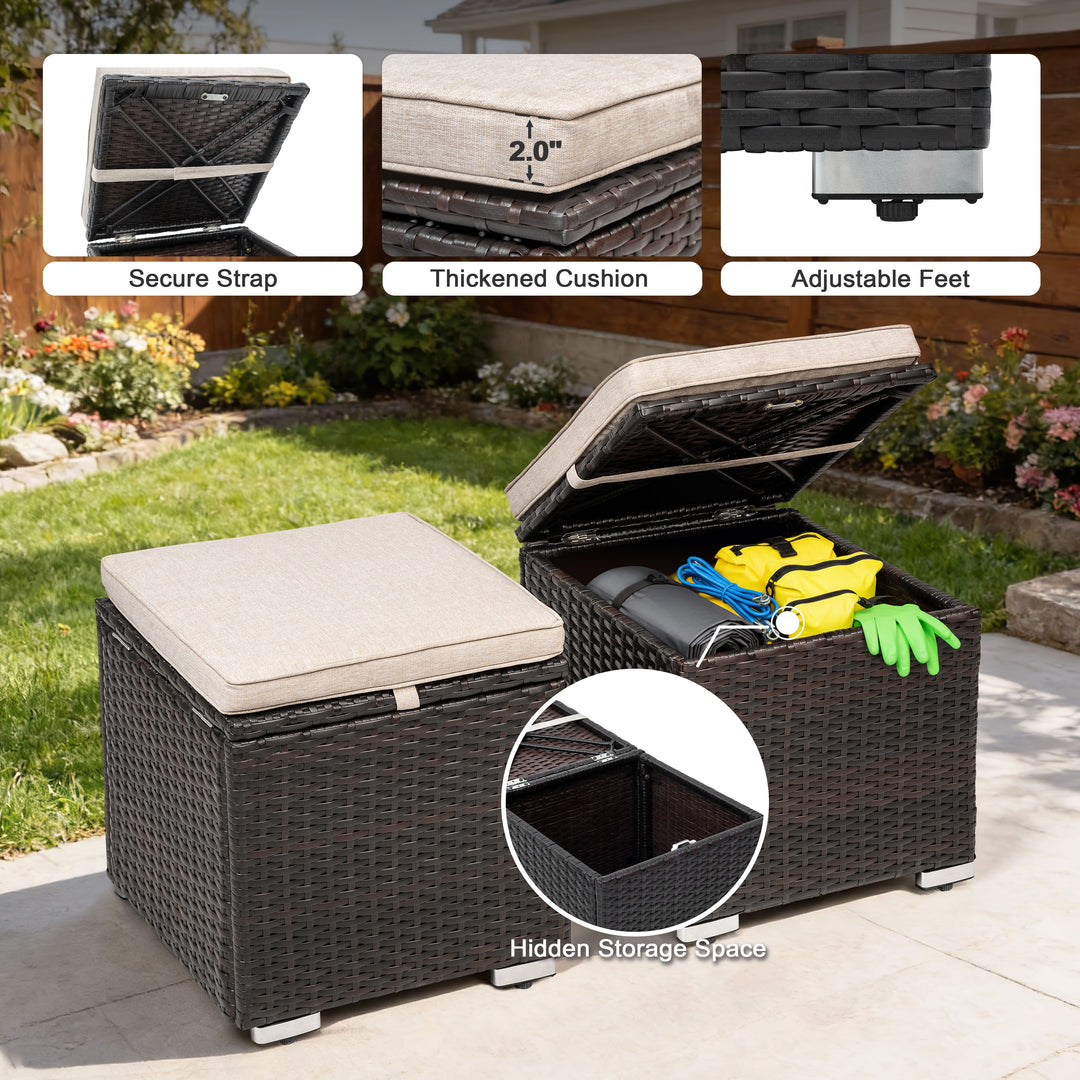 Patio 2-Piece Wicker Ottoman with Hidden Storage and Removable Cushion