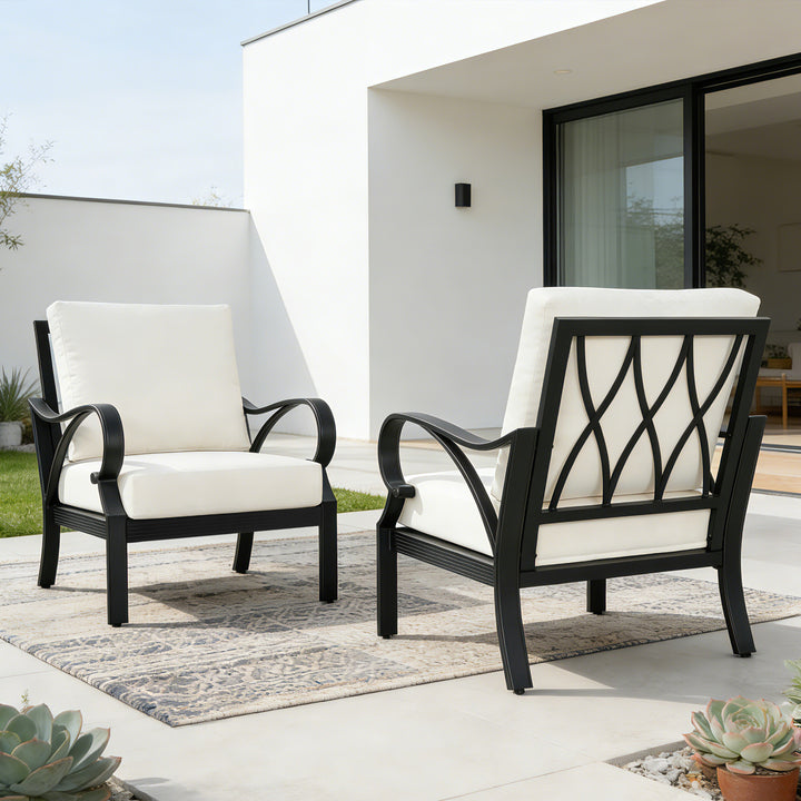 Patio Time Aluminum Club Chair with Lattice Backrest and Cushions Set of 2