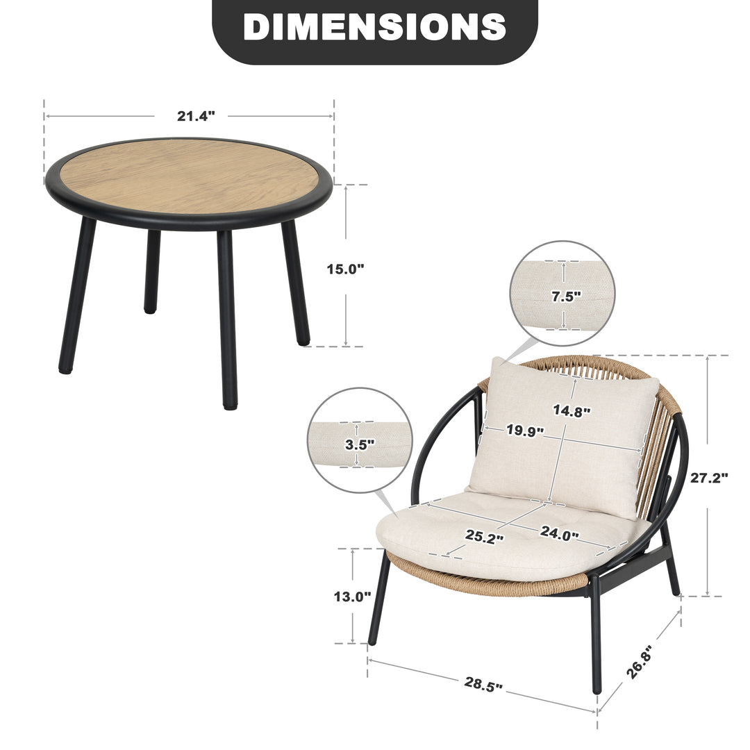 3-Piece Aluminum and Wicker Oversized Patio Bistro Set with Coffee Table