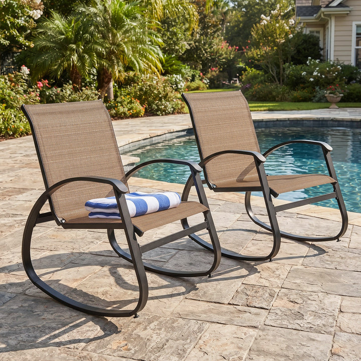 2-Piece Breathable Textilene Patio Rocking Chair, Powder-Coated Metal Frame