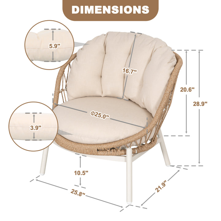 Outdoor Single Sofa Set of 2, Robust Twisted Rattan with Padded Cushions, Beige