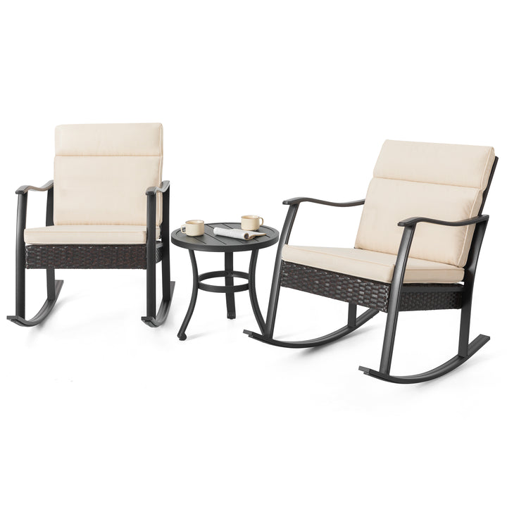 Patio 3-Piece Metal Rocking Rattan Bistro Set with Cushions, Beige