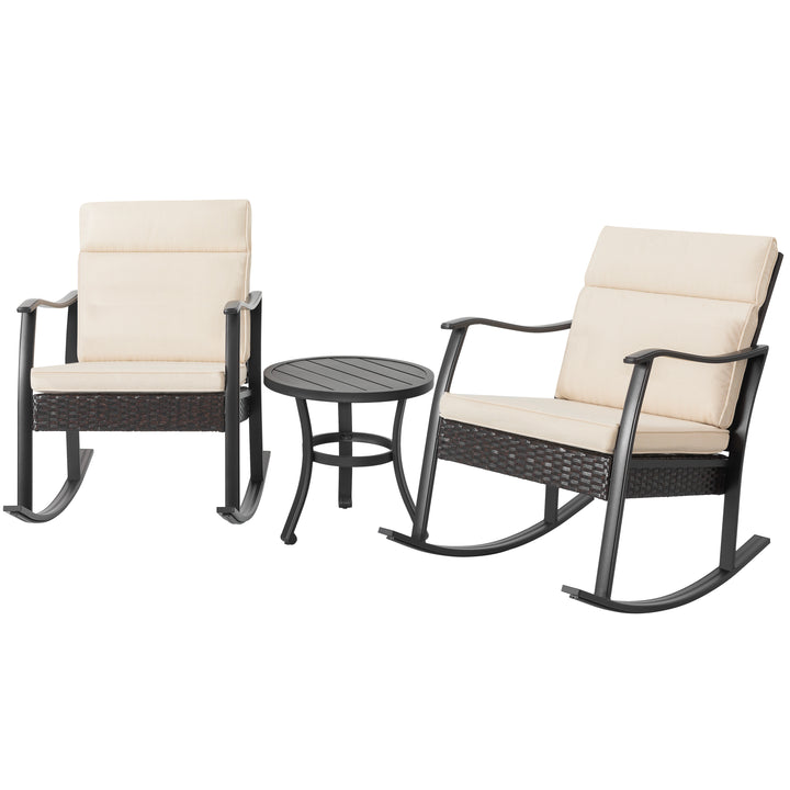 Patio 3-Piece Metal Rocking Rattan Bistro Set with Cushions, Beige