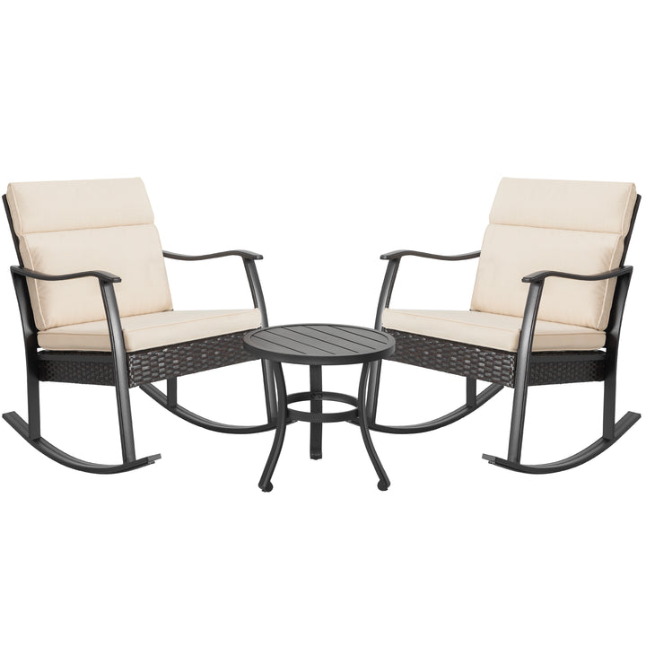 Patio 3-Piece Metal Rocking Rattan Bistro Set with Cushions, Beige