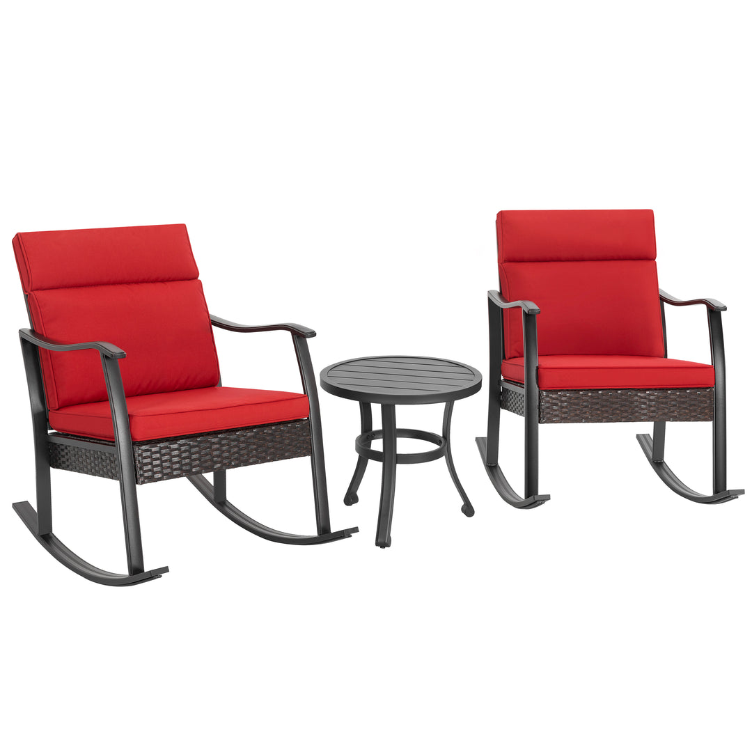 Patio 3-Piece Metal Rocking Rattan Bistro Set with Cushions, Red