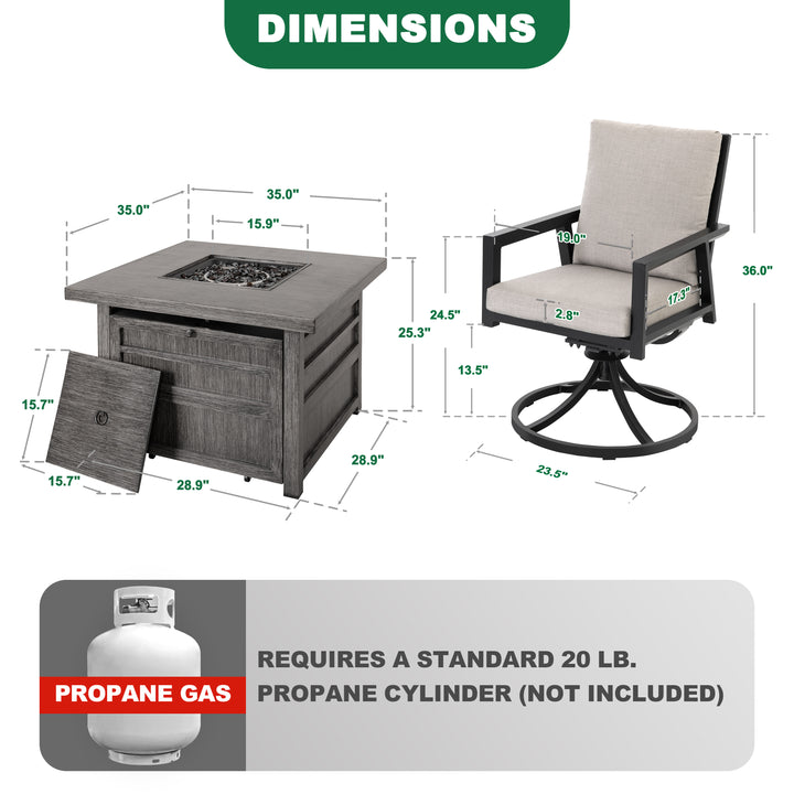 5-Piece Fire Pit Set with 4 Swivel Chairs, Aluminum Frame, Gray