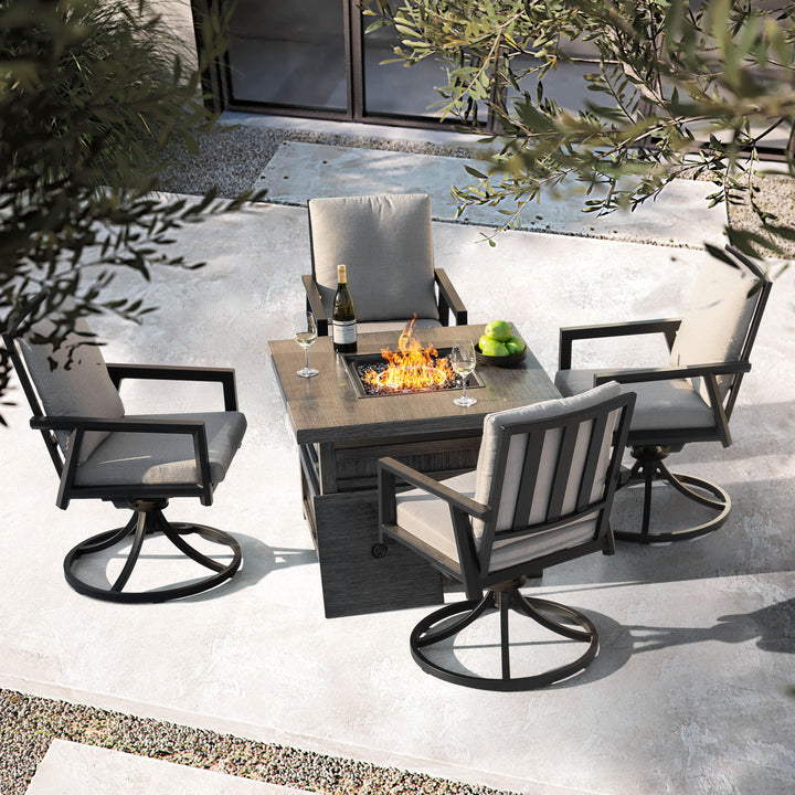 5-Piece Fire Pit Set with 4 Swivel Chairs, Aluminum Frame, Gray