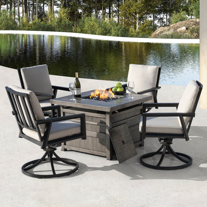 5-Piece Fire Pit Set with 4 Swivel Chairs, Aluminum Frame, Gray