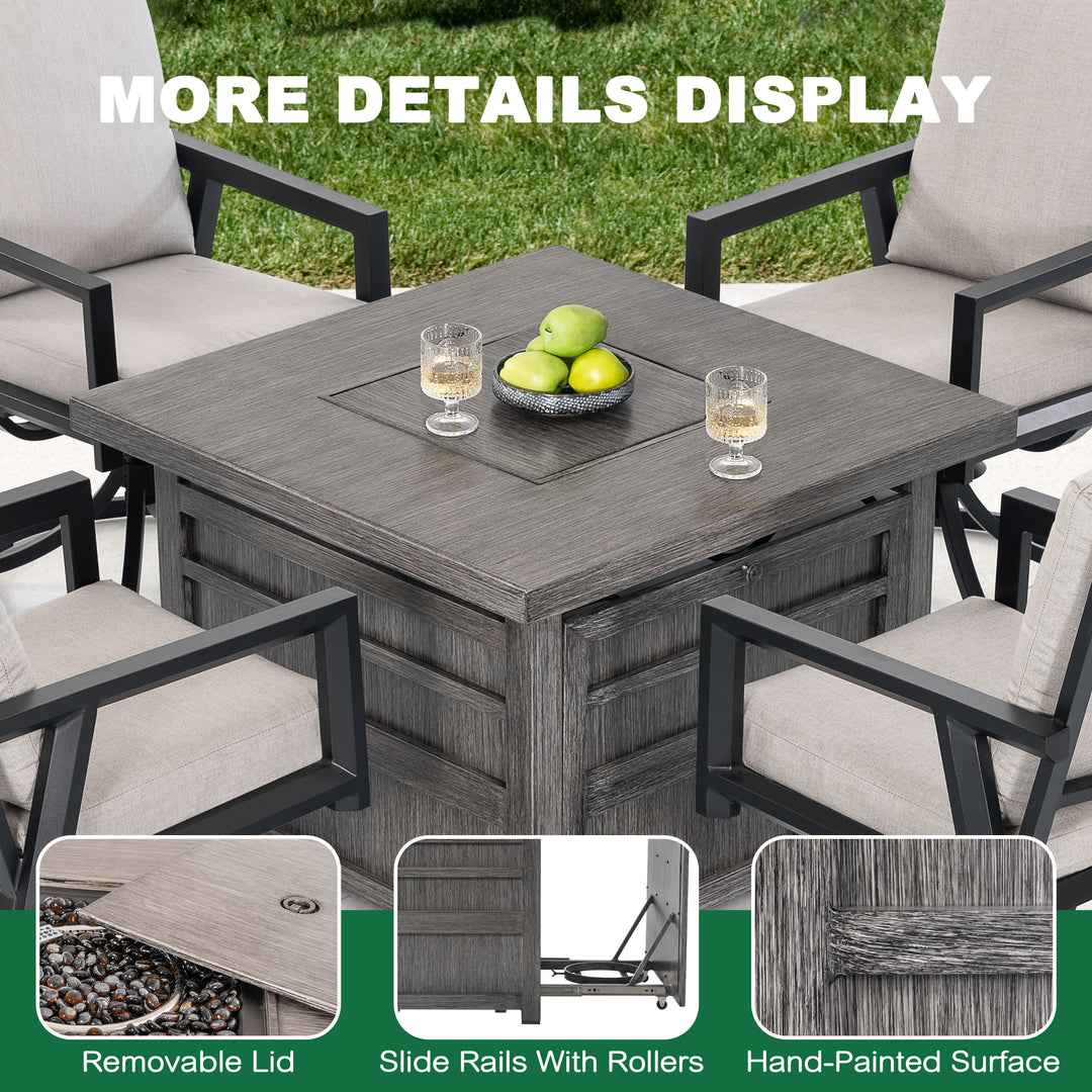5-Piece Fire Pit Set with 4 Swivel Chairs, Aluminum Frame, Gray