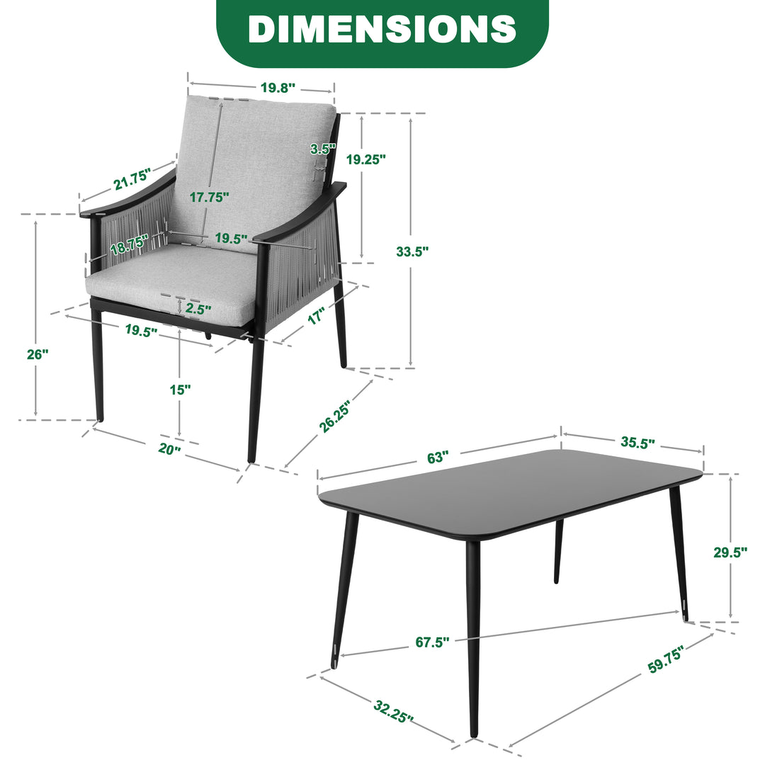 7-Piece Aluminum and Textilene Rope Dining Set with Tempered Glass Tabletop