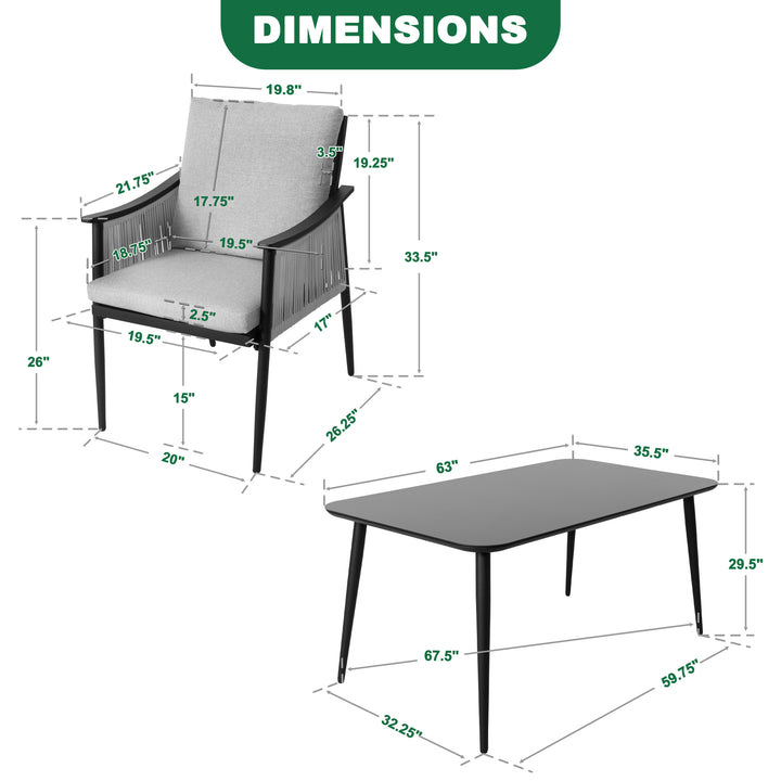 7-Piece Aluminum and Textilene Rope Dining Set with Tempered Glass Tabletop