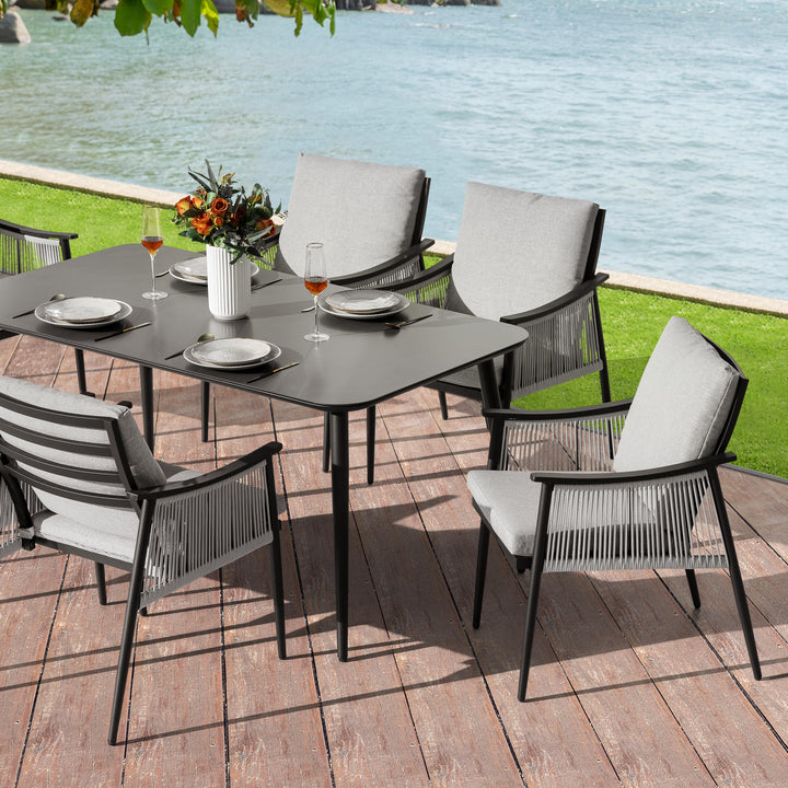 7-Piece Aluminum and Textilene Rope Dining Set with Tempered Glass Tabletop