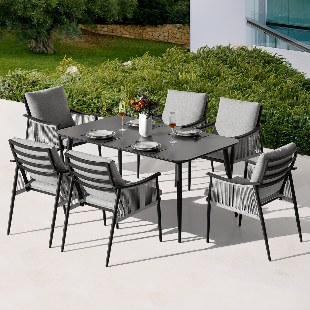 7-Piece Aluminum and Textilene Rope Dining Set with Tempered Glass Tabletop