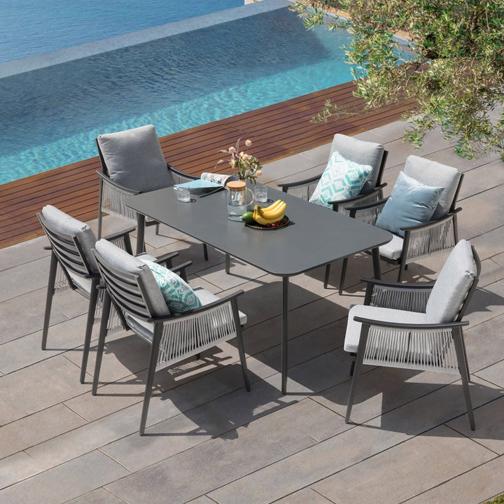 7-Piece Aluminum and Textilene Rope Dining Set with Tempered Glass Tabletop