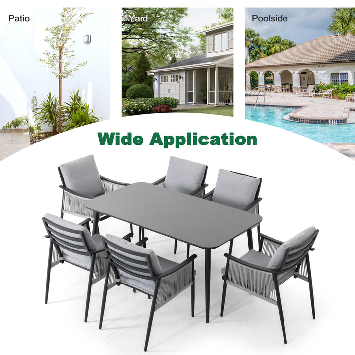 7-Piece Aluminum and Textilene Rope Dining Set with Tempered Glass Tabletop