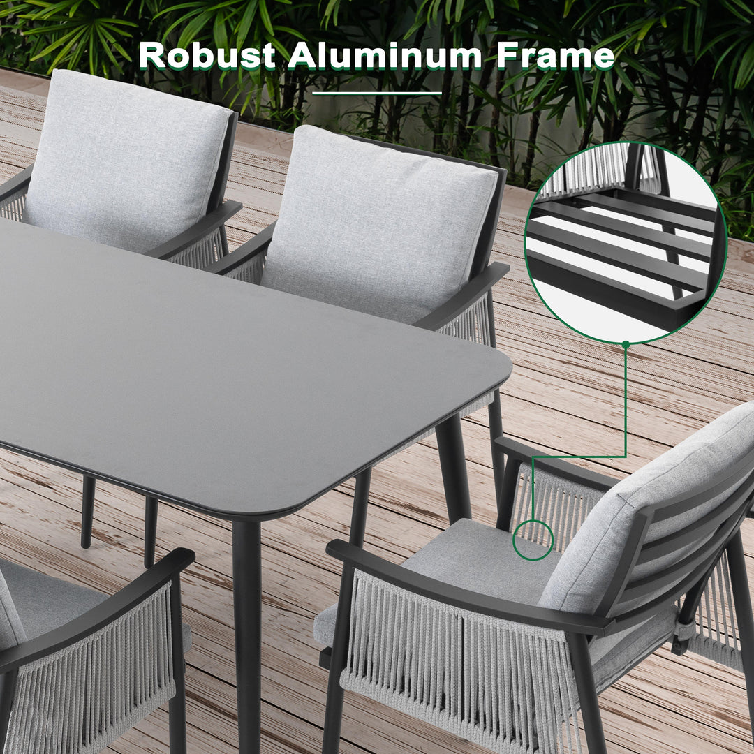 7-Piece Aluminum and Textilene Rope Dining Set with Tempered Glass Tabletop