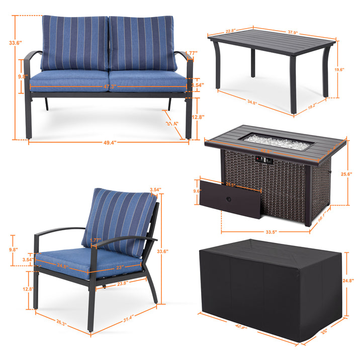 Outdoor 5-Piece Fire Pit Table Set with Aluminum Sofas with Cushions