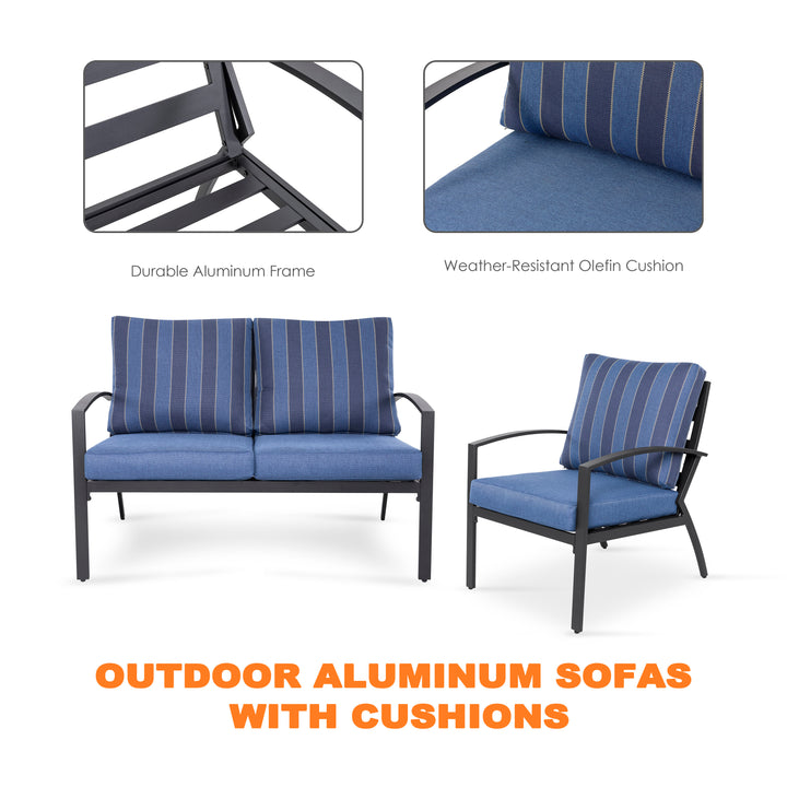 Outdoor 5-Piece Fire Pit Table Set with Aluminum Sofas with Cushions