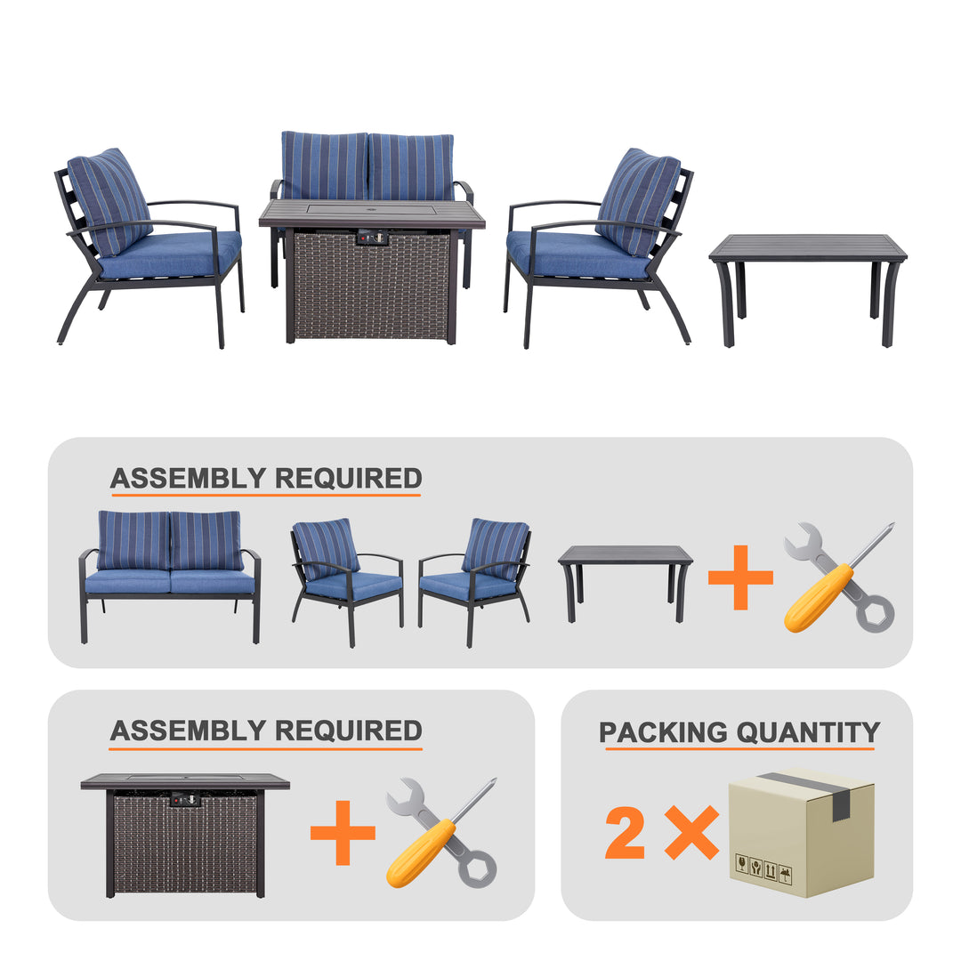 Outdoor 5-Piece Fire Pit Table Set with Aluminum Sofas with Cushions