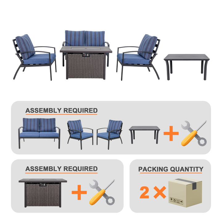 Outdoor 5-Piece Fire Pit Table Set with Aluminum Sofas with Cushions