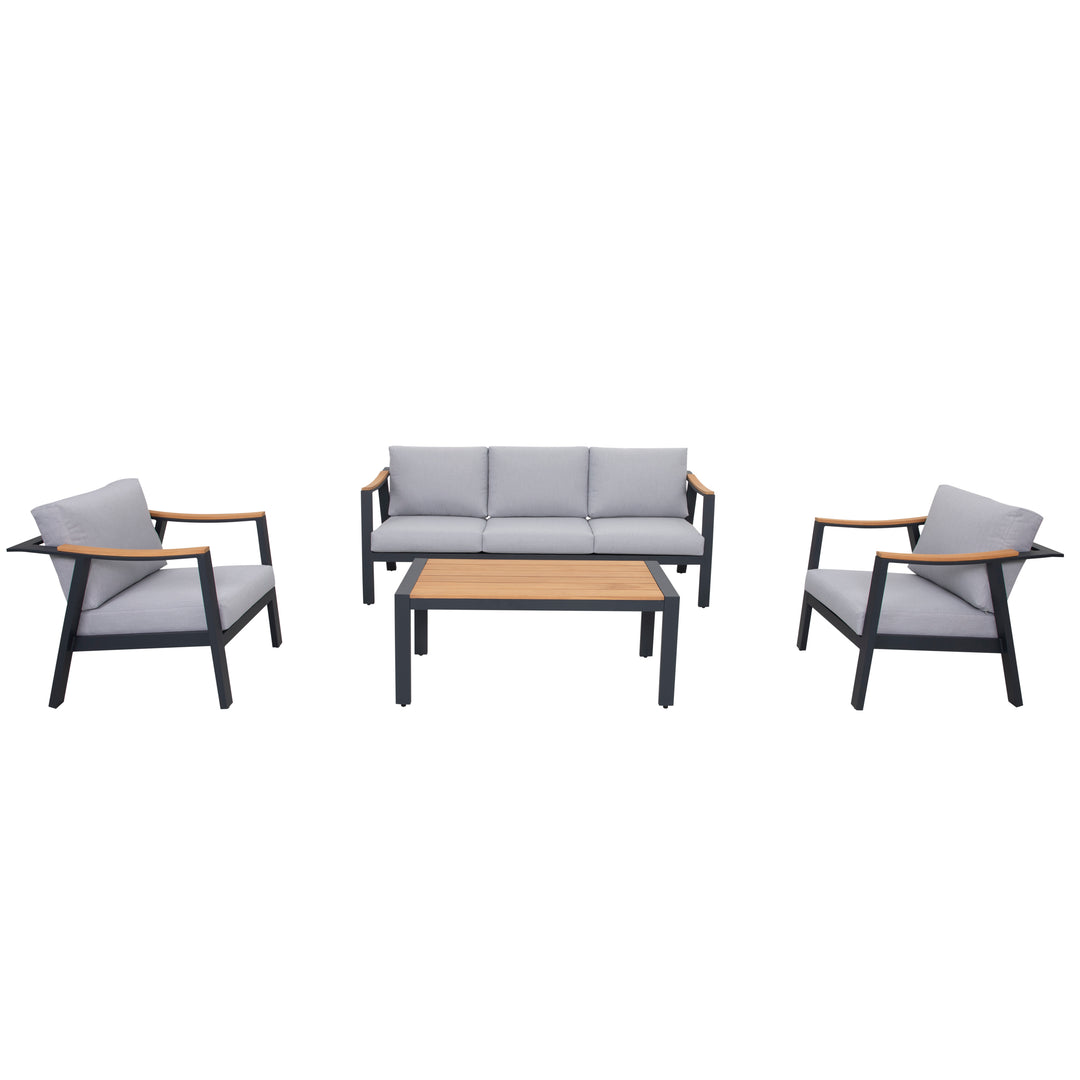 Outdoor 4-Piece Aluminum and Teak Sectional Sofa Set with Gray Cushions
