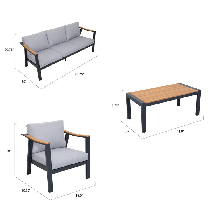 Outdoor 4-Piece Aluminum and Teak Sectional Sofa Set with Gray Cushions