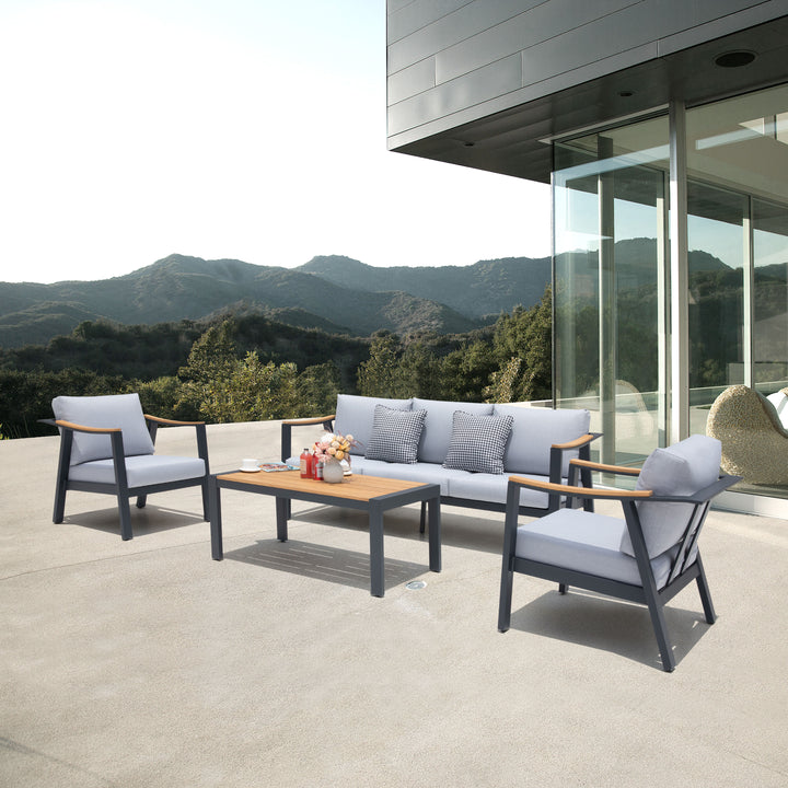 Outdoor 4-Piece Aluminum and Teak Sectional Sofa Set with Gray Cushions