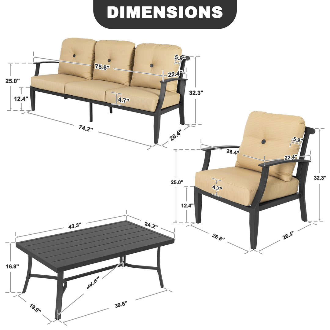 4-Piece Patio Conversation Set with Removable Cushions, Aluminum Frame