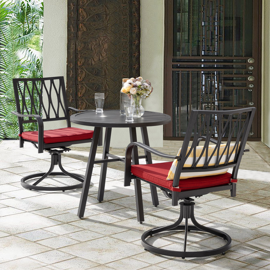3 Piece Outdoor Patio Bistro Set, Cushioned Swivel Rocker Chairs with Round Steel Dining Table