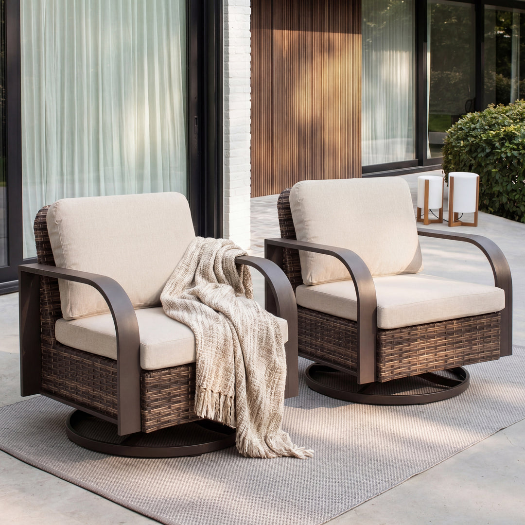 Handwoven Wicker Metal Swivel Patio Sofa with Cushion and Pillow