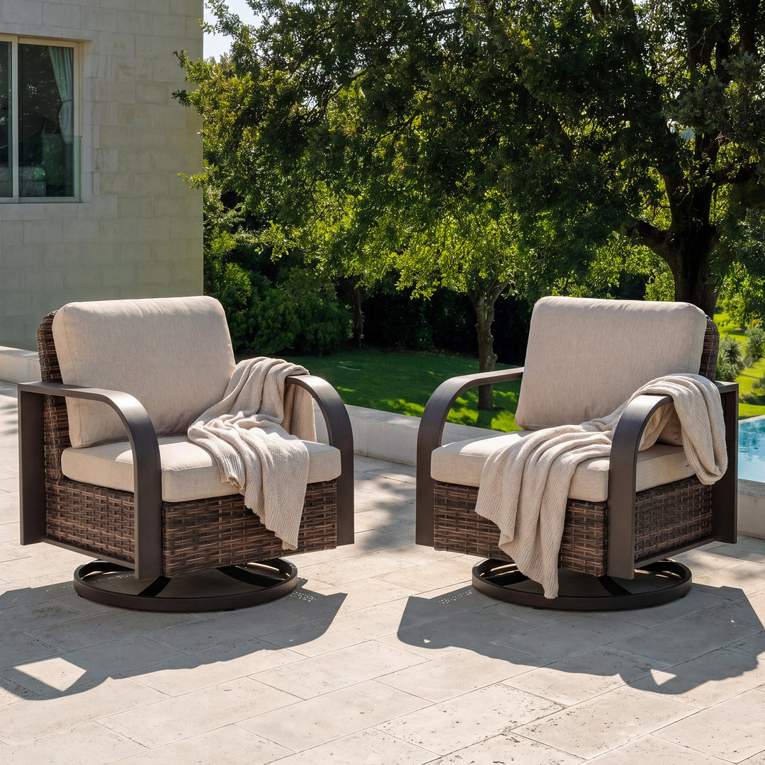 Handwoven Wicker Metal Swivel Patio Sofa with Cushion and Pillow