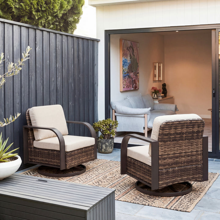 Handwoven Wicker Metal Swivel Patio Sofa with Cushion and Pillow