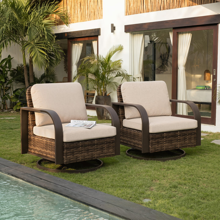 Handwoven Wicker Metal Swivel Patio Sofa with Cushion and Pillow