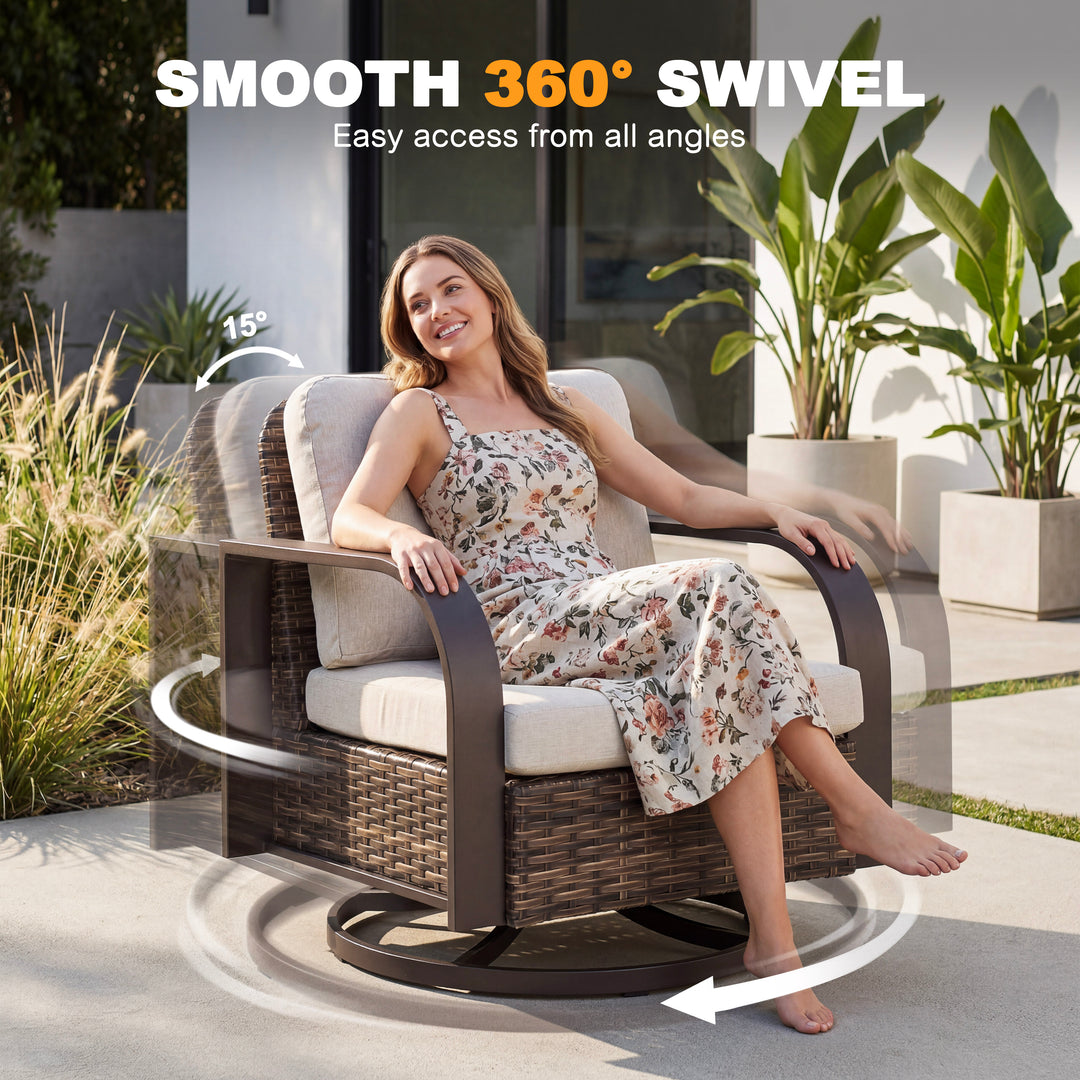 Handwoven Wicker Metal Swivel Patio Sofa with Cushion and Pillow