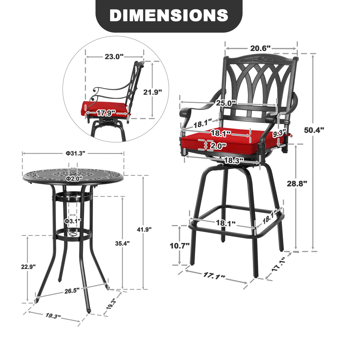 3PCS Cast Aluminum Outdoor Swivel Bar Set with Umbrella Hole, Olefin Cushions