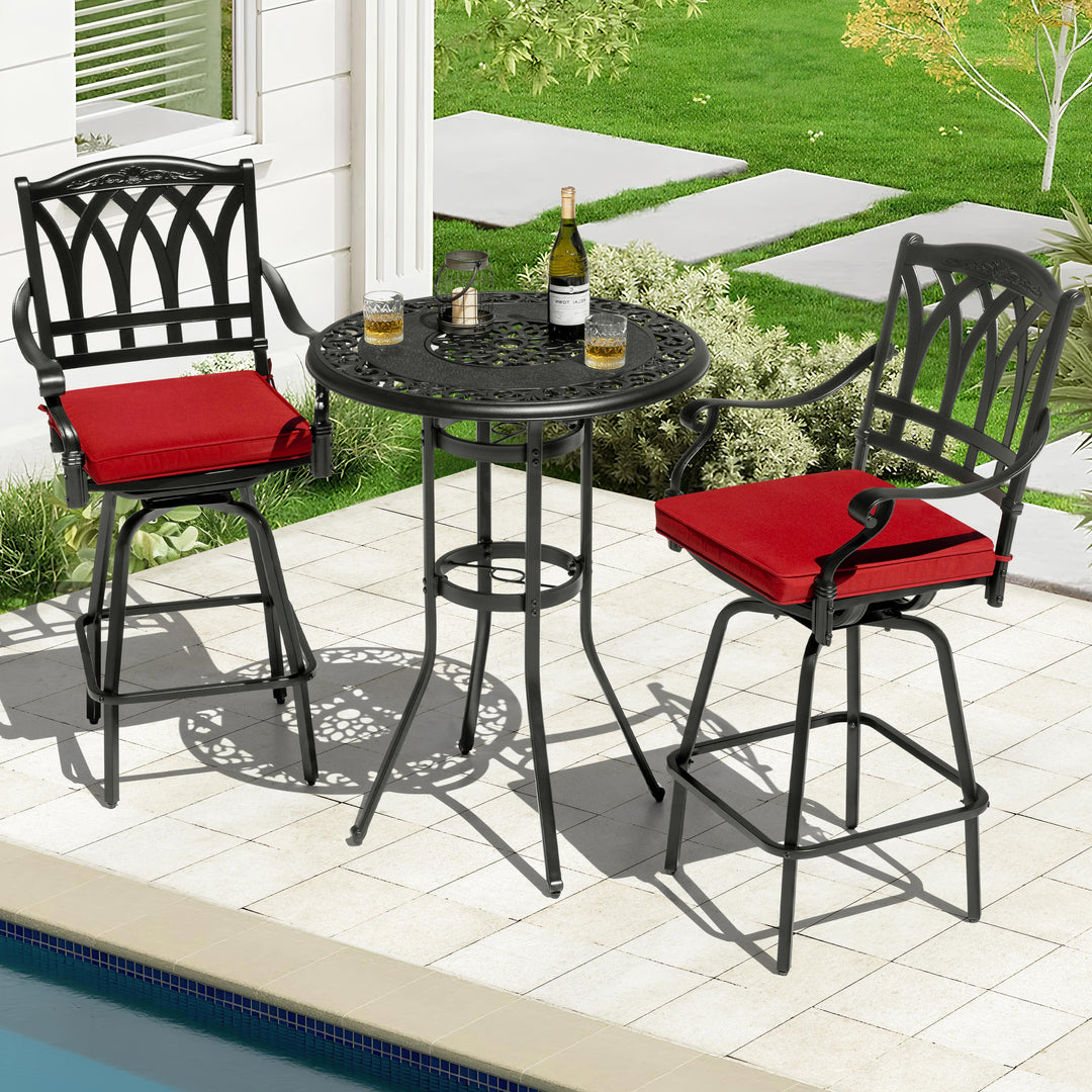 3PCS Cast Aluminum Outdoor Swivel Bar Set with Umbrella Hole, Olefin Cushions