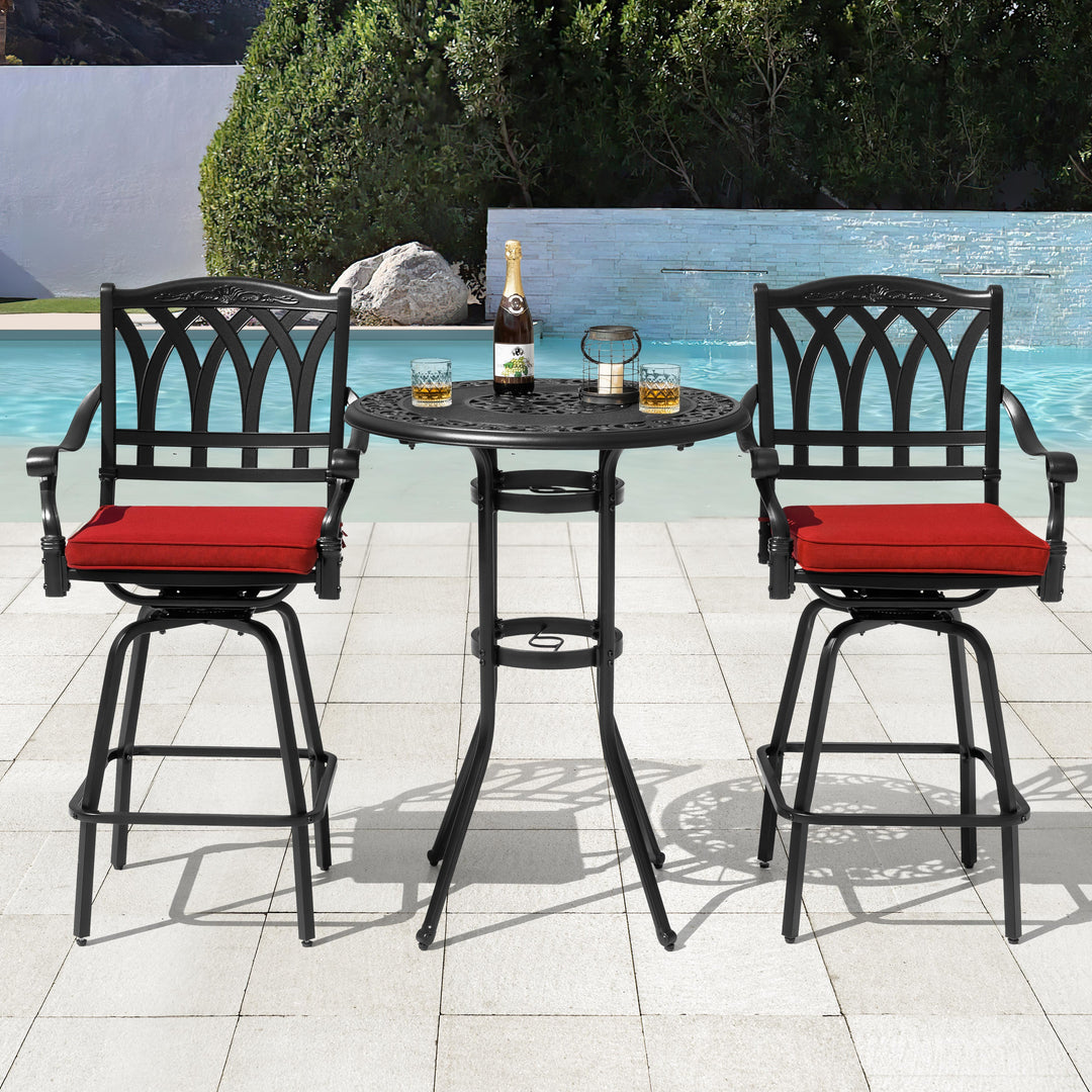 3PCS Cast Aluminum Outdoor Swivel Bar Set with Umbrella Hole, Olefin Cushions