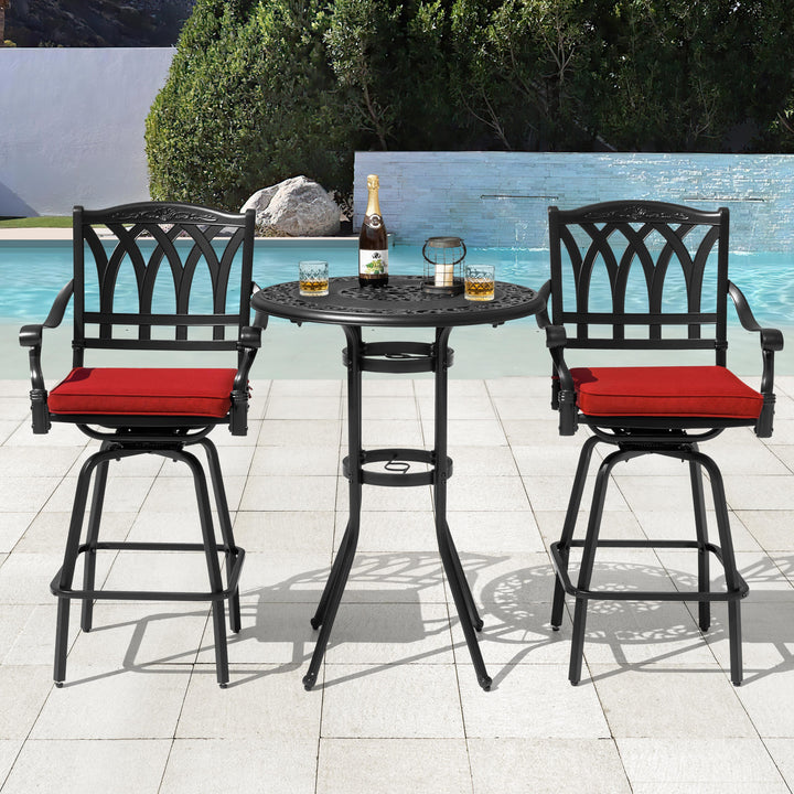 3PCS Cast Aluminum Outdoor Swivel Bar Set with Umbrella Hole, Olefin Cushions